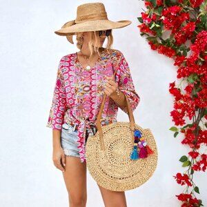 Straw Tote, Beach Bag. Colorful Pompom Triple Tassel. NWT.